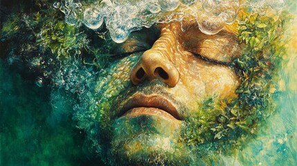 Surreal Portrait of a Person Surrounded by Bubbles and Lush Greenery Underwater
