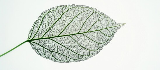 Delicate green leaf with intricate vein patterns isolated on a soft white background showcasing nature's beauty and detail.
