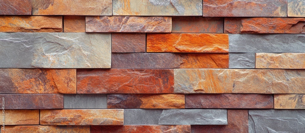 Poster textured background of multicolored stone wall featuring red and gray tones with ample copy space fo