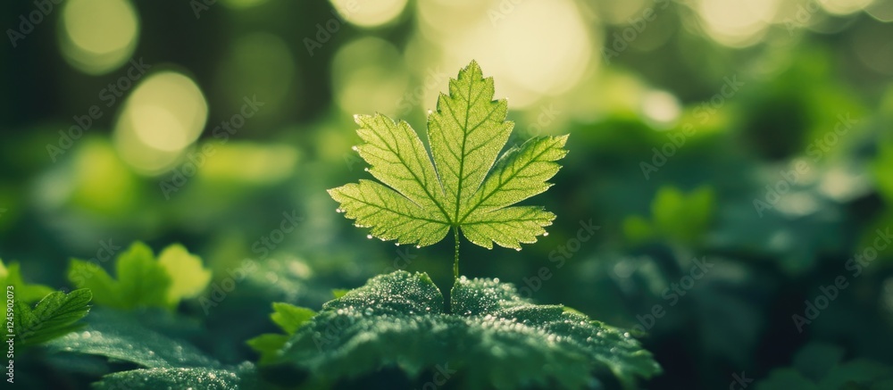 Poster vibrant green leaf emerging in a lush forest setting with soft sunlight illuminating its delicate st