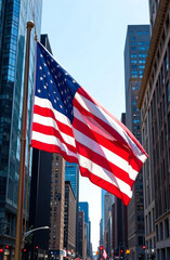 US flag in downtown against the backdrop of buildings in America.