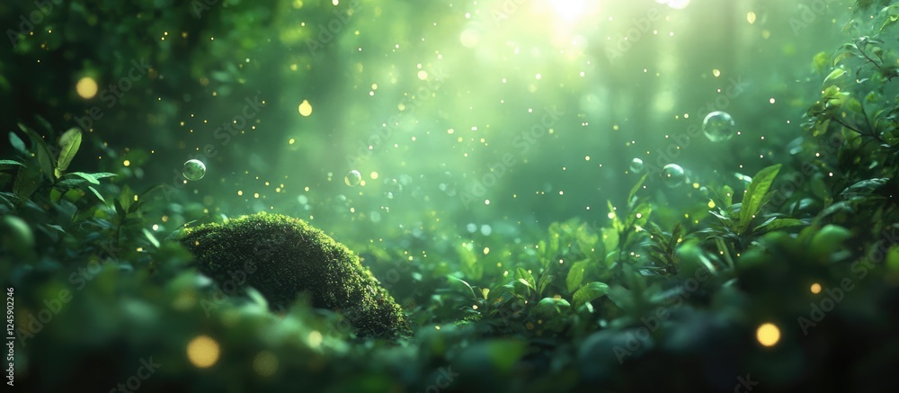Poster mystical forest with bokeh sunlight reflecting on lush greenery and ethereal floating particles crea