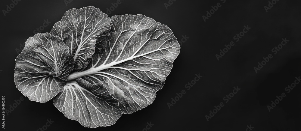 Poster close-up black and white image of unusual brassica leaves on a black background with ample negative 
