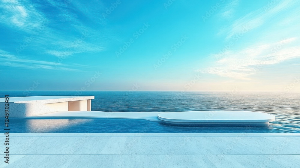 Poster minimalist product display platform overlooking calm ocean with soft sunlight reflections
