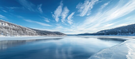 Fototapeta premium Serene winter landscape featuring a frozen lake and clear blue sky reflecting on the tranquil water surface.