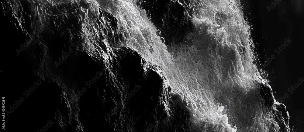 Poster monochrome close-up of cascading waterfall showcasing dynamic water movement and textured patterns i