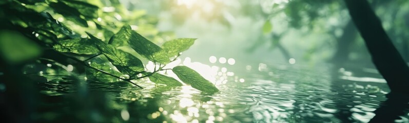 A blurred background of water and green trees with sunlight reflections, creating a serene nature scene. Perfect for banners, copy space, and seasonal designs.
