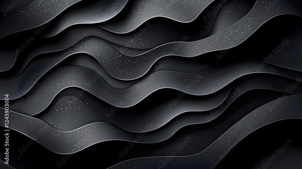 Poster an abstract wave pattern in shades of black, featuring flowing curves and a subtle glitter effect, c