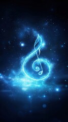 Glowing treble clef in space; cosmic music concept; website, album art