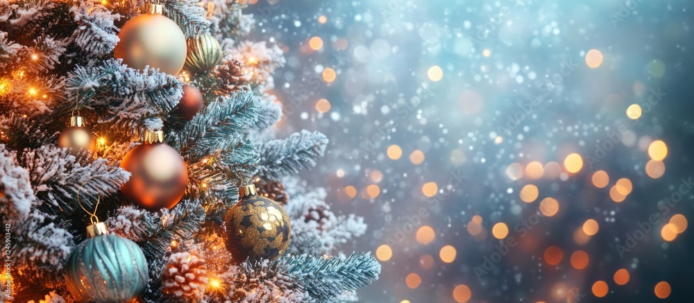 Poster festive bokeh background with christmas tree ornaments and soft glowing lights creating a warm holid