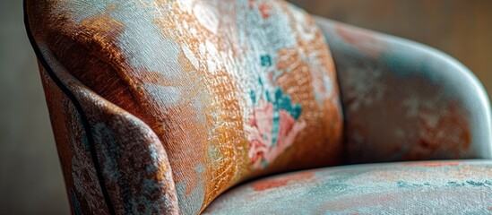 Vintage upholstered chair with rich textured fabric showcasing intricate patterns and colors, evoking a sense of nostalgia and charm.