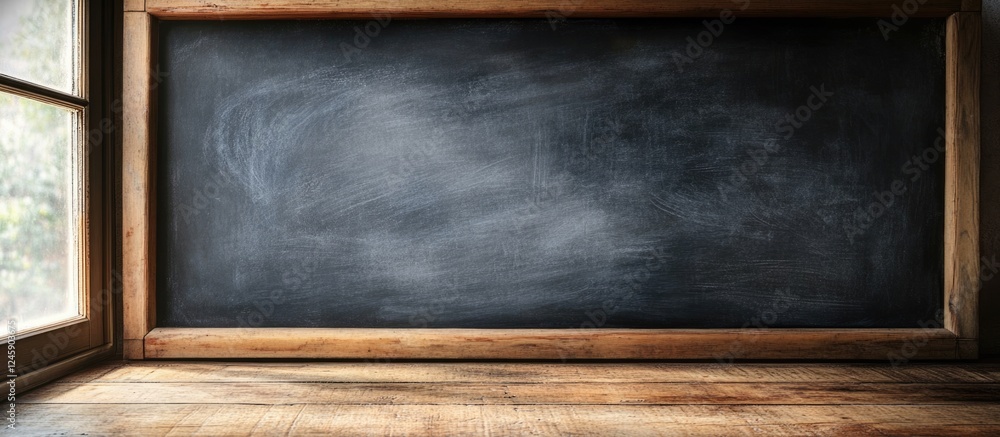 Aufkleber back to school empty blackboard with natural window light and wooden frame for text placement and ed
