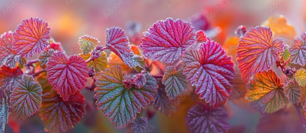 Poster colorful raspberry leaves in autumn adorned with frost showcasing vibrant hues and intricate texture