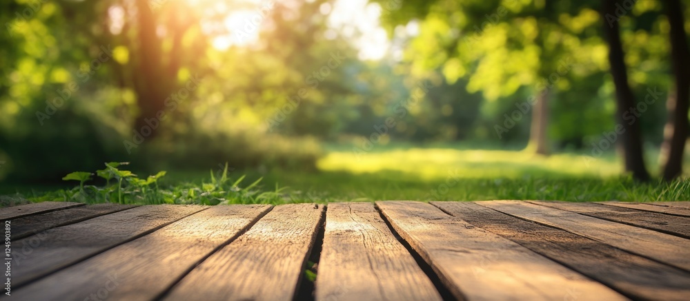 Aufkleber sunlit wooden surface in a serene forest setting with blurred greenery for versatile presentations a