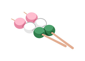 Icon of Hanami Dango. Traditional Japanese dessert, oriental snacks, street food on skewers. Sweet balls are on wooden sticks. Asian cuisine. Flat isolated vector illustration on white background
