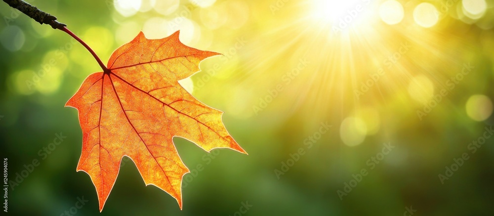 Poster autumn leaf hanging on tree twig illuminated by sunlight in a vibrant forest setting showcasing the 