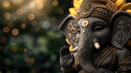 Fototapeta premium Intricate statue of Ganesha surrounded by natural beauty and soft bokeh lights.
