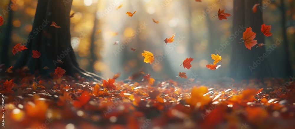 Poster vibrant autumn leaves creating a serene forest background with sunlight filtering through trees and 