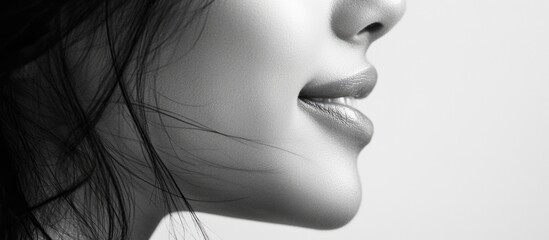 Close-up of a young womanâ€™s half face highlighting flawless skin and a captivating smile with empty space for text or branding.