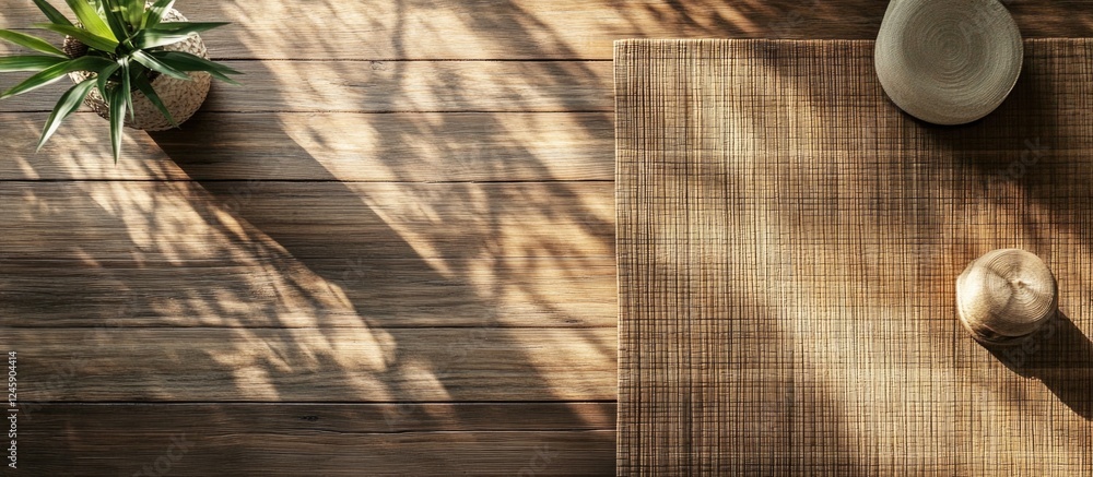 Poster bamboo mat on wooden tabletop creating an inviting and tranquil atmosphere with soft shadows and nat