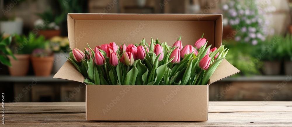 Poster elegant tulip bouquet in a box on a rustic wooden table with a natural background and blank space fo