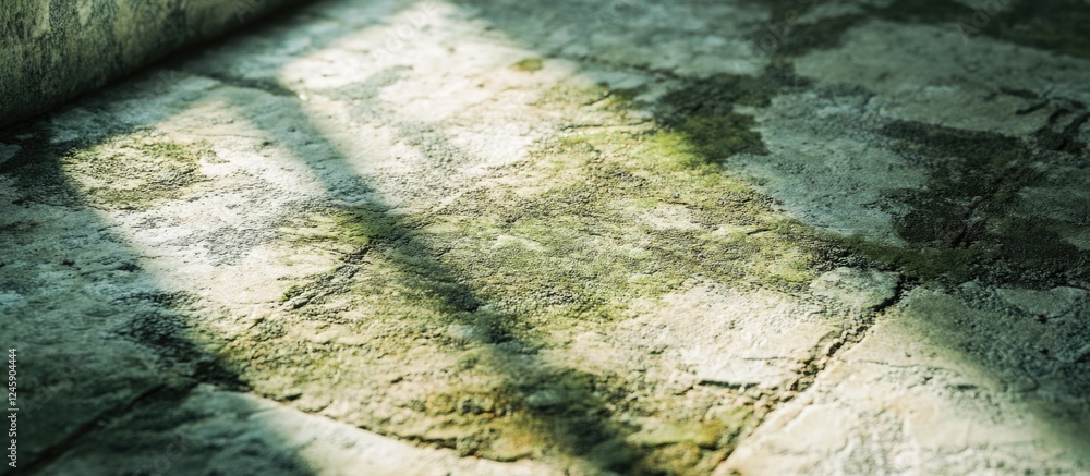 Poster textured cement floor with visible mold and natural light casting shadows across the surface creatin