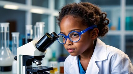 Curious child explores the wonders of science through a microscope in a vibrant laboratory setting filled with colorful test tubes and beakers