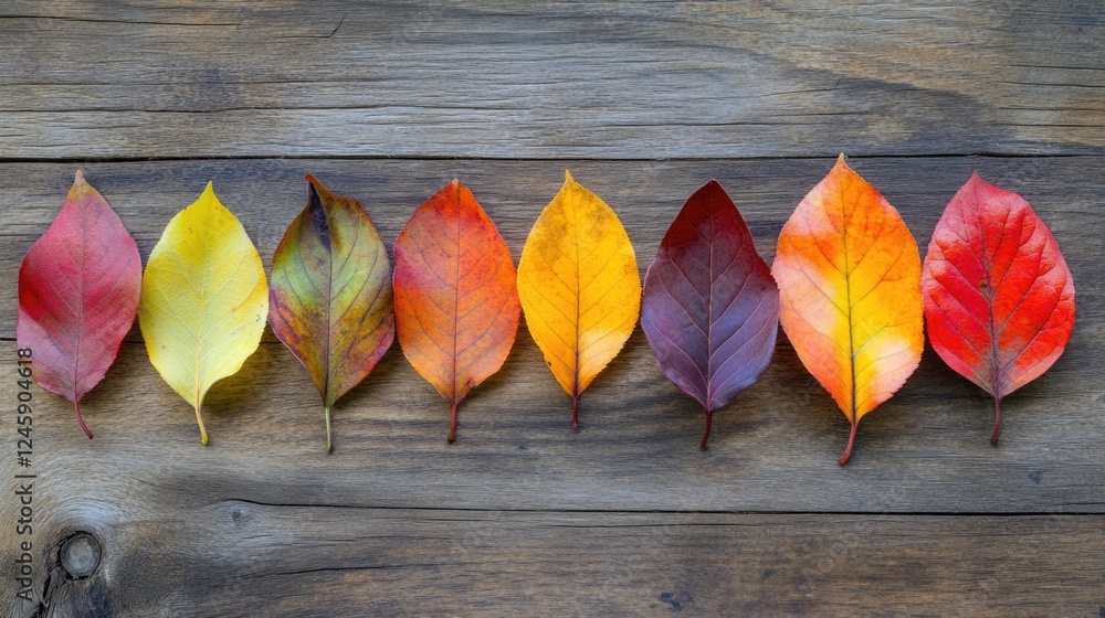 Poster autumn leaves in vibrant colors arranged on a rustic wooden background with ample space for text ins