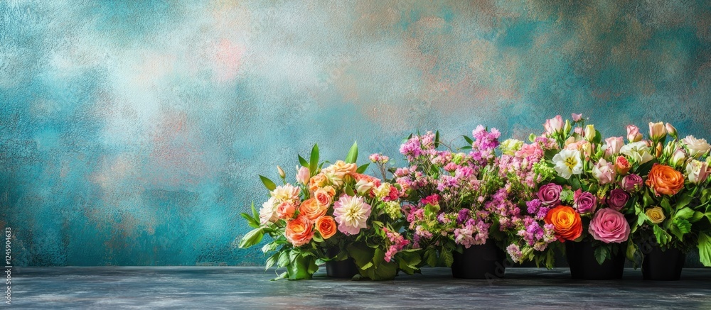 Poster colorful flower bouquets arranged on a table against a textured wall with space for text and design 