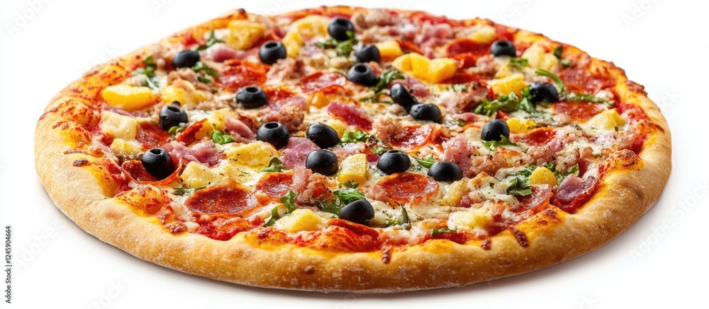 Poster delicious italian pizza with toppings and blank space for your custom text overhead view