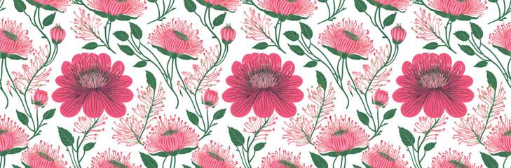 Repeating pattern of pink and red flowers with green leaves on a white background.