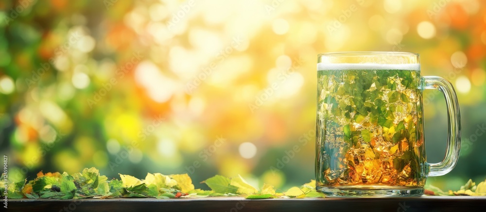 Aufkleber refreshing beverage in glass mug surrounded by nature with soft bokeh background ideal for text over