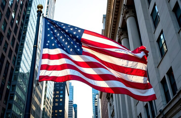 US flag in downtown against the backdrop of buildings in America.