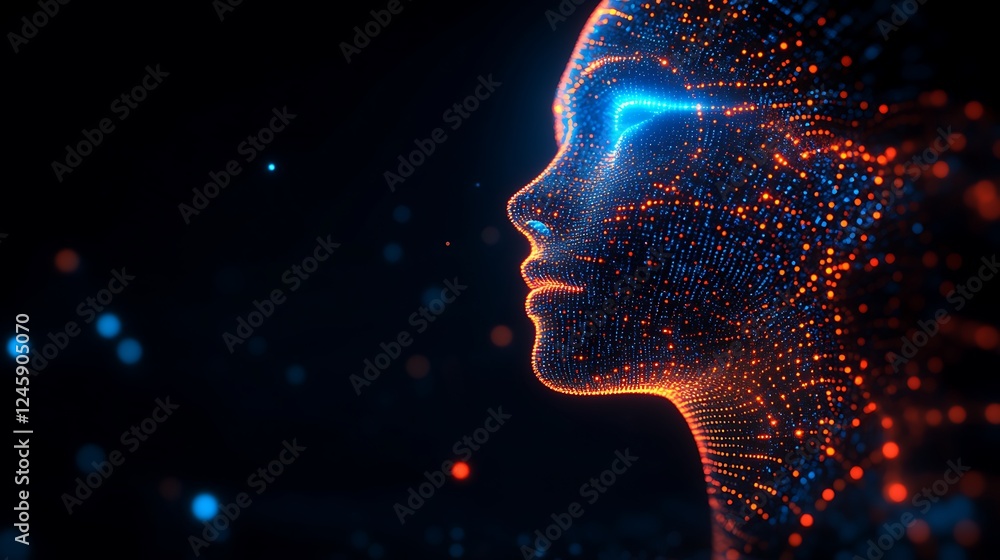 Poster abstract digital human head with glowing dots on dark background for future tech concepts