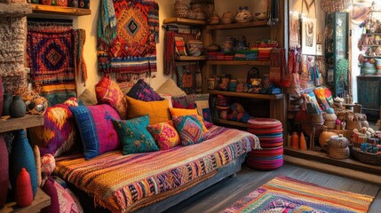 A vibrant display of handcrafted textiles and traditional home decor, featuring colorful woven patterns and authentic cultural artistry in a cozy setting