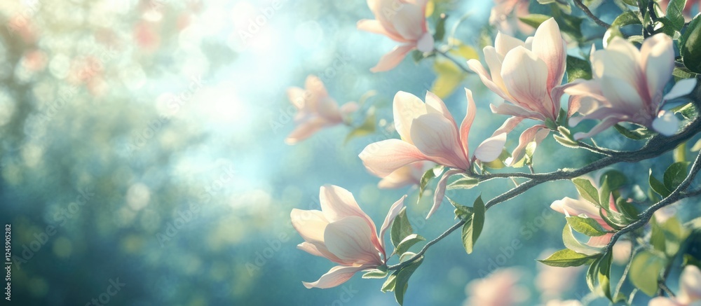Poster soft magnolia flowers in bloom with gentle light filtering through, creating a serene and tranquil b