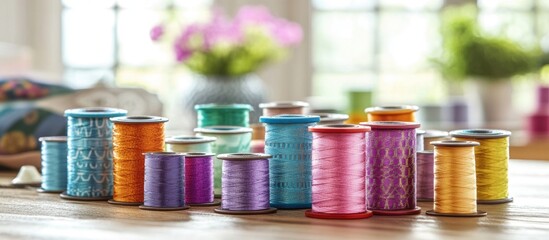 Multicolored Sewing Spools for Industrial and Tailoring Use in Bright Sunny Interior Setting