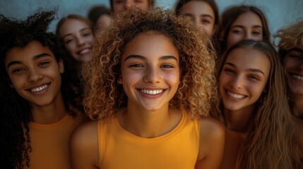Fototapeta premium A group of diverse people smiling and looking upwards, showcasing diverse young individuals standing together, vibrant yellow background.