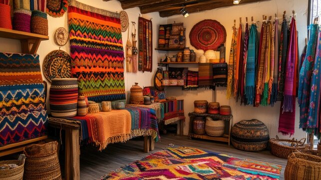 A vibrant display of handcrafted textiles and traditional home decor, featuring colorful woven patterns and authentic cultural artistry in a cozy setting
