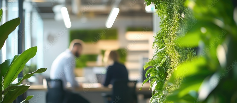 Poster blurred professionals discussing startup ideas in a modern office with a green backdrop and ample co