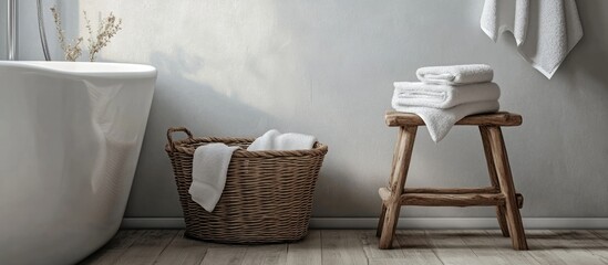 Modern bathroom interior with minimalistic decor featuring towels in a basket and a wooden stool for a serene atmosphere and text space
