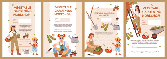 Gardening workshop invitation. Banner template for a gardening and sustainability workshop. Vibrant outdoor scene with people harvesting, designed for eco-friendly events, farm promotions