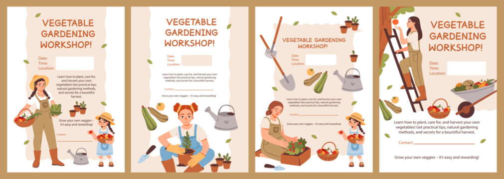 Gardening workshop invitation. Banner template for a gardening and sustainability workshop. Vibrant outdoor scene with people harvesting, designed for eco-friendly events, farm promotions