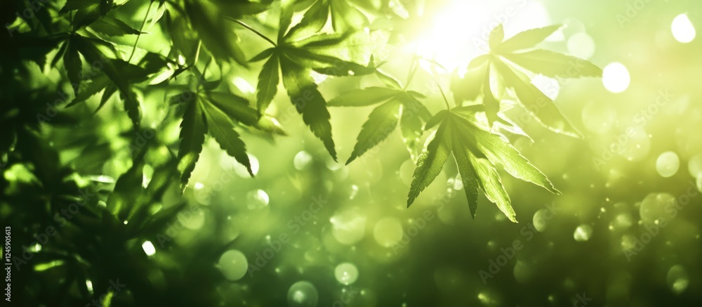 Poster bright green foliage with soft bokeh effect and warm sunlight creating a serene nature background id