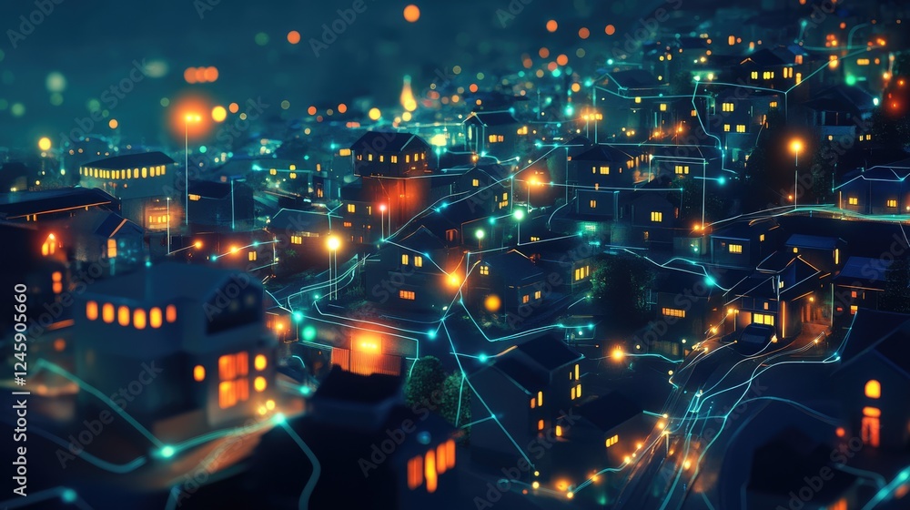 Aufkleber A vibrant futuristic city at night with glowing lines and data points connecting homes and infrastructure, depicting a smart city's efficient energy use and monitoring system.