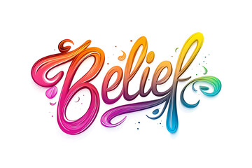 A colorful and vibrant typography design featuring the word "Belief" written in a gradient brush style with a 3D effect on a white background.