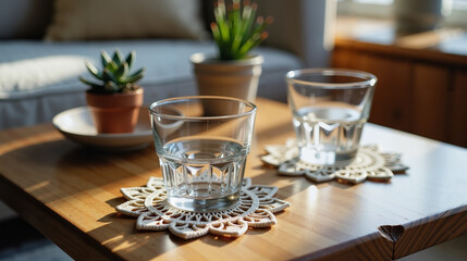 Elegant lace coasters on rustic coffee table in cozy living room, serenity