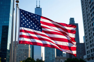 US flag in downtown against the backdrop of buildings in America.