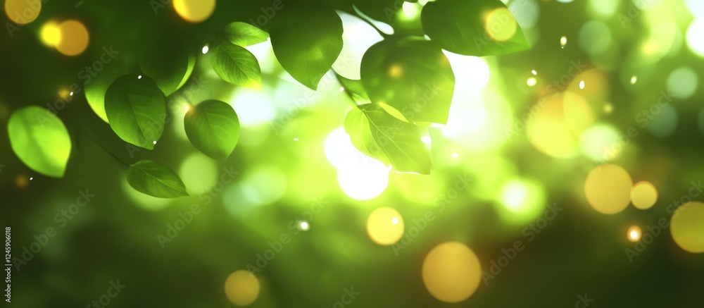 Poster abstract blurred foliage with soft summer sunlight creating a vibrant backdrop for text or advertise