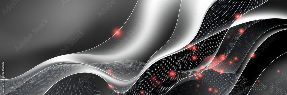 Poster abstract waves with glowing dots on dark background